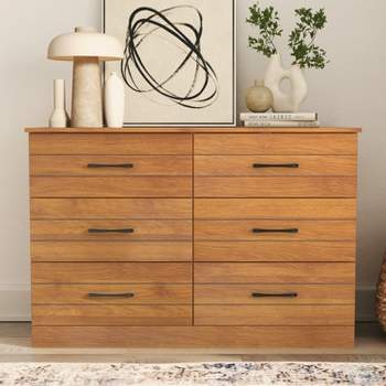 Galano Elis 6 Drawers Dresser (31.5 in. H x 47.2 in. W x 15.7 in. D) in Ivory with Knotty Oak, Amber Walnut