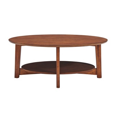 Elegant Oval Mid-Century Chestnut Wood Coffee Table with Floating Shelf