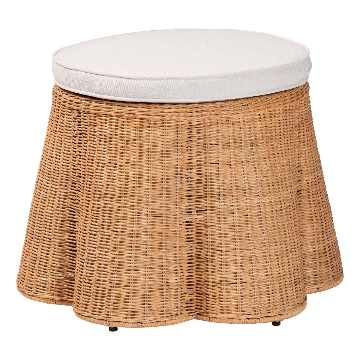 bali & pari Palm Scallop Natural Rattan 26" Round Ottoman with Cushion Light Honey