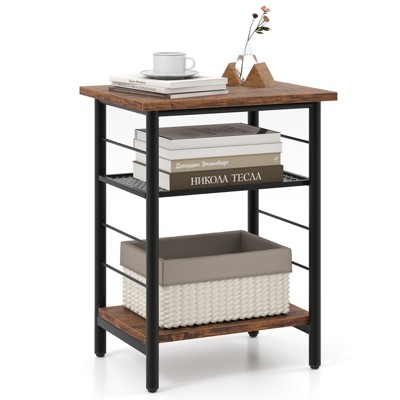 Tangkula 3-Tier Side End Table w/ Adjustable Mesh Shelf Narrow Nightstand