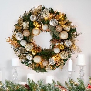 24 Inch Christmas Wreath for Front Door, Christmas Decor, Xmas Wreath with Balls Ornaments, Artificial Christmas Wreath for Fireplace Door - 1 of 4