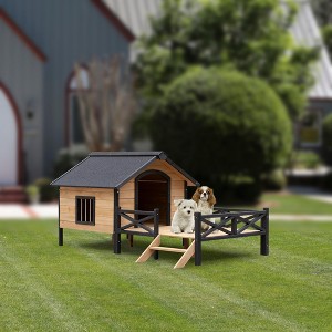CAVINAS 66.9"W Wooden Pet House with Porch,Cabin House Style Dog Crate with Fir Wood Construction,Dog Kennel for Indoor and Outdoor,Yellow Brown - 1 of 4