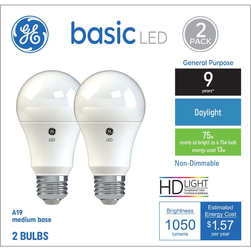 GE 2pk 13W 75W Equivalent Basic LED Light Bulbs Daylight, 1 of 7