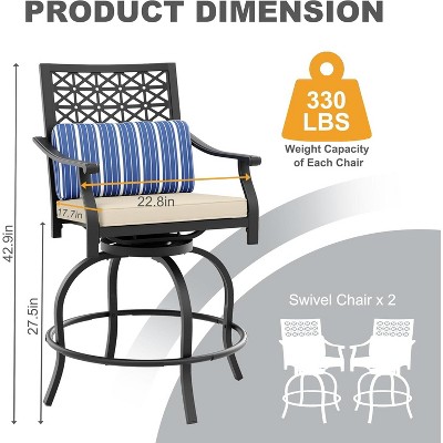 Outdoor Bar Stools Set of 2, 360° Swivel Bar Stools Counter Height with Cushion Armrest Back, Tall Outdoor Swivel BarStools for Backyard