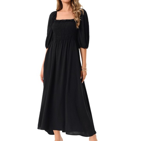 Женские платья INSPIRE CHIC Women's Summer Casual Puff Half Sleeve Square Neck Smocked Flowy with Pockets Maxi Dress Black Medium
