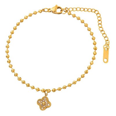 Gold-Tone Clover Charm Beaded Bracelet with Cubic Zirconia, Lucky Symbol Jewelry for Women, Daily & Gifting Occasions