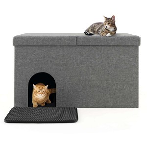 Costway Cat Litter Box Enclosure Hidden Furniture Cat Washroom Shoe Storage Bench Beige/Grey - 1 of 4