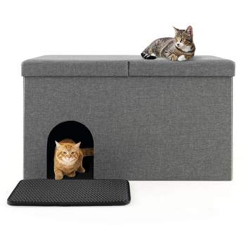Costway Cat Litter Box Enclosure Hidden Furniture Cat Washroom Shoe Storage Bench Beige/Grey