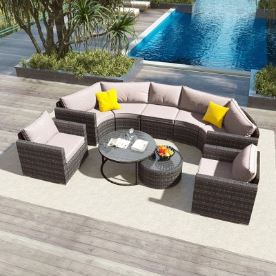 Whisen Modern Style Outdoor Half-moon Patio Sofa Set, 9-Pieces Round Sofa Set