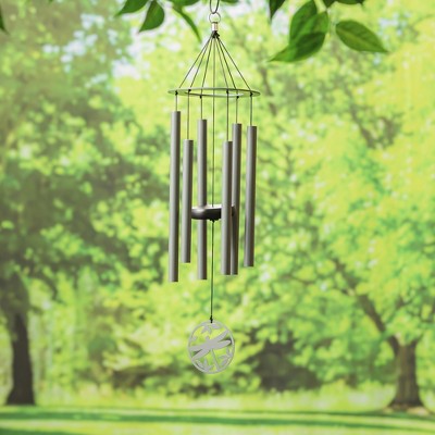 27" Gray Laser Cut Metal Hand Tuned Wind Chime with Dragonfly