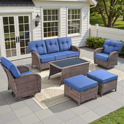 Buenhomino High Back Patio Furniture Set with 5-Inch Thick Cushion, Outdoor Conversation Set with Sofa, Swivel Rocker Chairs & Ottomans