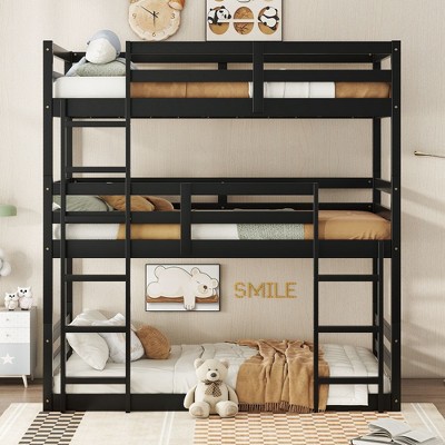 NicBex Twin Size Bunk Bed Convertible Triple Wooden Bed Frame with 2 Ladders and Full Length Guardrail, No Box Spring Required