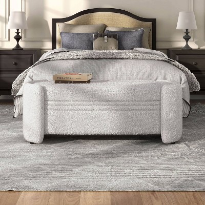 White Boucle Upholstered Storage Bench with Wood Frame