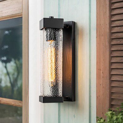 Rennnsan Yundral 14"H Hardwired 1-Light Rectangle Seeded Glass Industrial Dimmable Outdoor Wall Sconce in Black