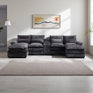 123" Chenille U-Shaped Sectional Sofa with Console, USB & Cup Holders, 6-Seater - 1 of 4