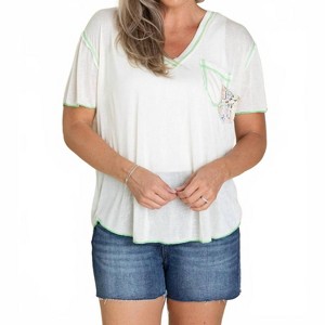 Women's V-neck Contrast Seam Mixed Print Top - POL - 1 of 3