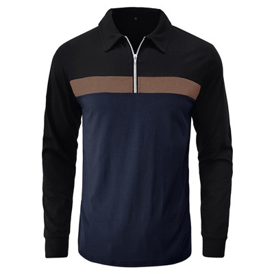 Men's Top Color Block Long Sleeve Polo Shirt Half - Zip Collar Blouse