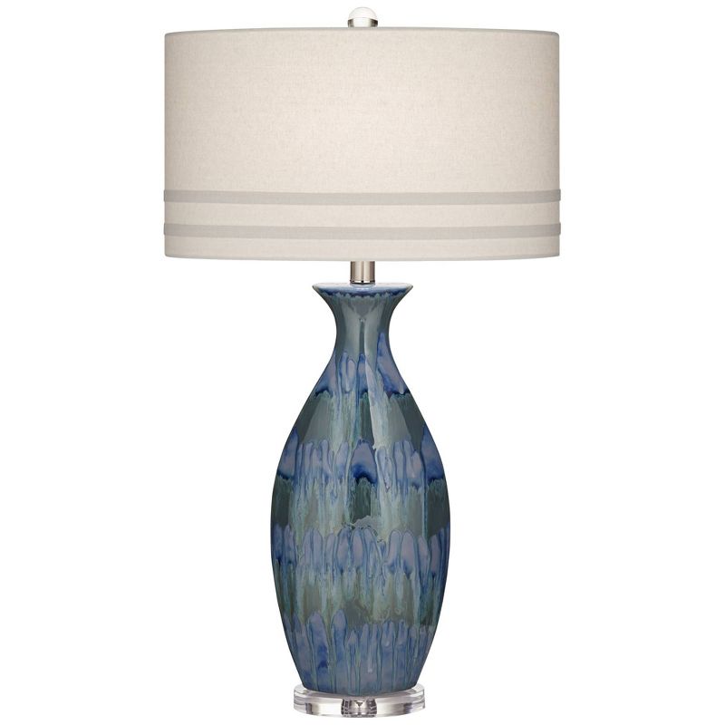 Possini Euro Design Annette Coastal Table Lamp 38" Tall Blue Ceramic Drip Vase with Table Top Dimmer Off White Oval Shade for Bedroom Living Room Home, 1 of 10