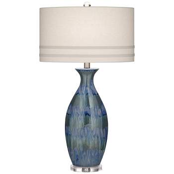 Possini Euro Design Annette Coastal Table Lamp 38" Tall Blue Ceramic Drip Vase with Table Top Dimmer Off White Oval Shade for Bedroom Living Room Home
