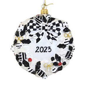 Huras Family Black & White Delight Wreath 2023 Dated Glass Tree Ornament 5.25 In 2023 Black And White Delight Wreath Hand Painted Dated Ornament Tree - 1 of 3