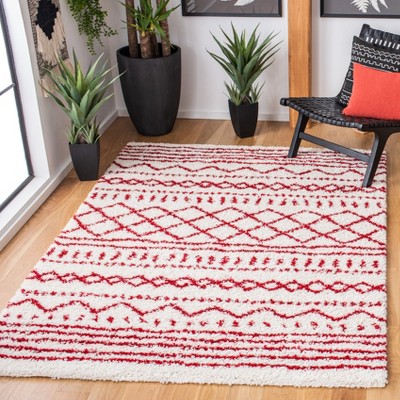 Ivory and Red Geometric Shag Area Rug 9' x 12'