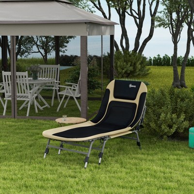 Cream White Folding Camping Cot with Adjustable Backrest and Cushion