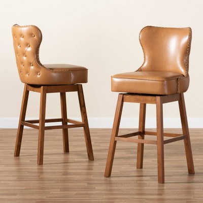 Walnut Wood and Tan Leather Swivel Barstool with Copper Accents