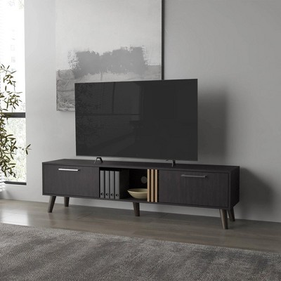 Chic Crate - 60" Modern Media Console w/ 2 Door Cabinets & Open Shelf - TV Stand with Solid Oak Finish - Smoked Walnut