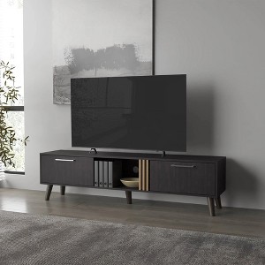 Chic Crate - 60" Modern Media Console w/ 2 Door Cabinets & Open Shelf - TV Stand with Solid Oak Finish - Smoked Walnut - 1 of 4