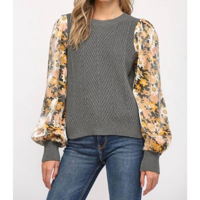 Women's Contrast Printed Puff Sleeve Sweater - Fate by LFD