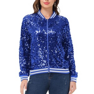 Anna-Kaci Women's Sequin Jacket Sparkle Long Sleeve Front Zip Casual Blazer Bomber Jacket With Pockets - 1 of 4