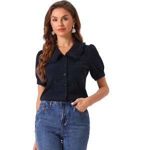 Allegra K Women's Chambray Peter Pan Collar Puff Sleeve Vintage Blouse - 1 of 4