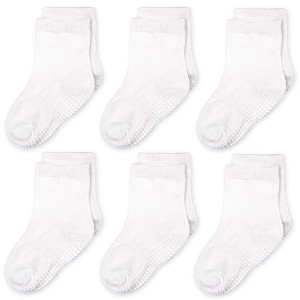 CozyWay 6 Pair Kids Grip Socks, Non-Slip, Anti-Skid Crew Socks, Unisex, White - 1 of 4