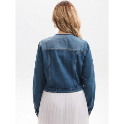 Женские куртки INSPIRE CHIC Women's Denim Collarless Button Down Chest Pocket Long Sleeve Jean Jackets Blue Medium — фото 4