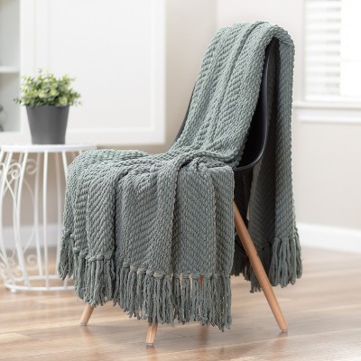 Tan Sage Knitted Throw Blanket with Tassels - 50" x 65"