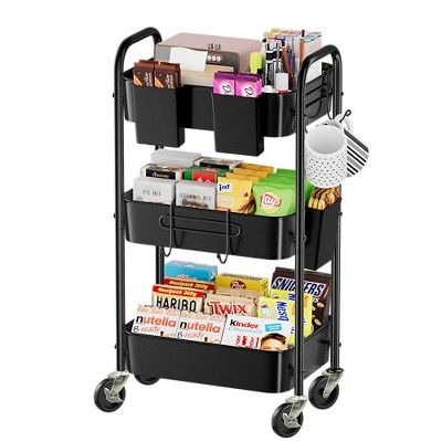 Simple Trending 3 Tier Metal Cart on Wheels, Heavy Duty Rolling Storage Cart with 3 Box and Hooks for Kitchen to Organize Books Snacks Tools, Black