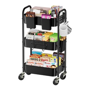 Simple Trending 3 Tier Metal Cart on Wheels, Heavy Duty Rolling Storage Cart with 3 Box and Hooks for Kitchen to Organize Books Snacks Tools, Black - 1 of 4