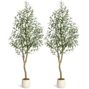 5FT(1pcs) Artificial Olive Tree, UV Resistant Fake Realistic Olive Tree in White Pot with Olives, Moss Decors,  for Front Door Living Room Garden - 1 of 4