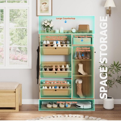 Oak Rattan Shoe Storage Cabinet with 3 Flip Drawers