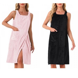 INSPIRE CHIC Women's 2 Pcs Shower Wrap Wearable Button Bath Towel Robe Sleeveless Snap Dress with Pockets - 1 of 4