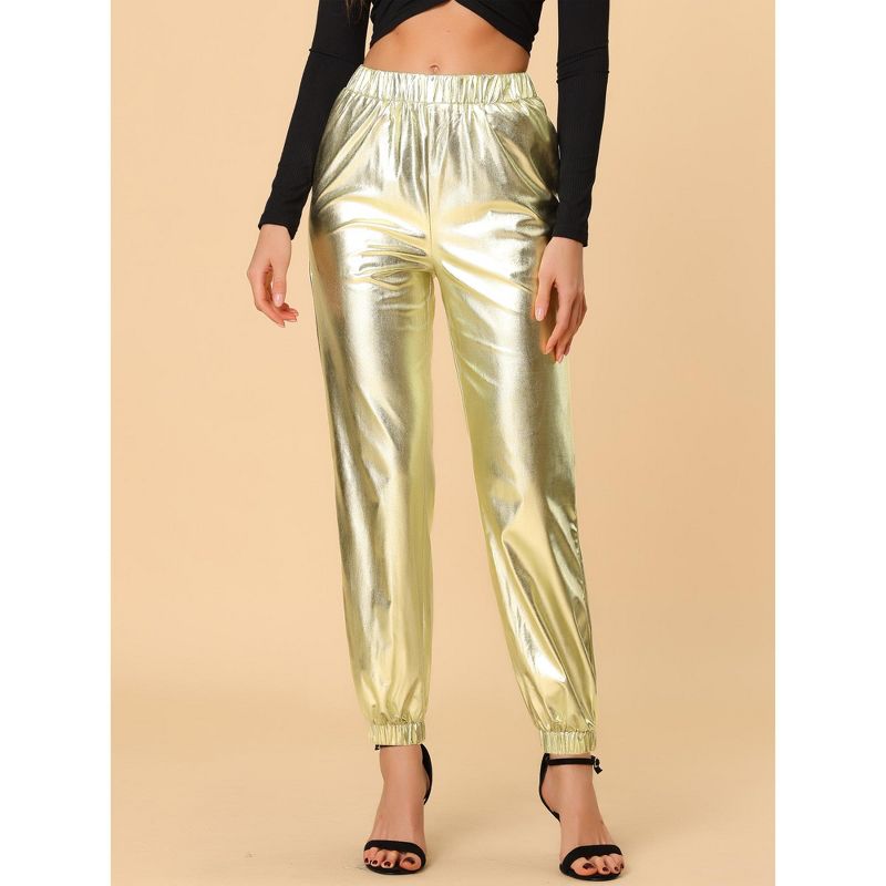 Allegra K Women's Metallic Shiny Sparkle Elastic Waist Pants, 4 of 7