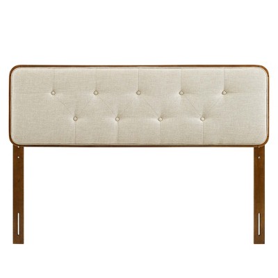 Walnut Beige Tufted Fabric Queen Headboard with Mid-Century Charm