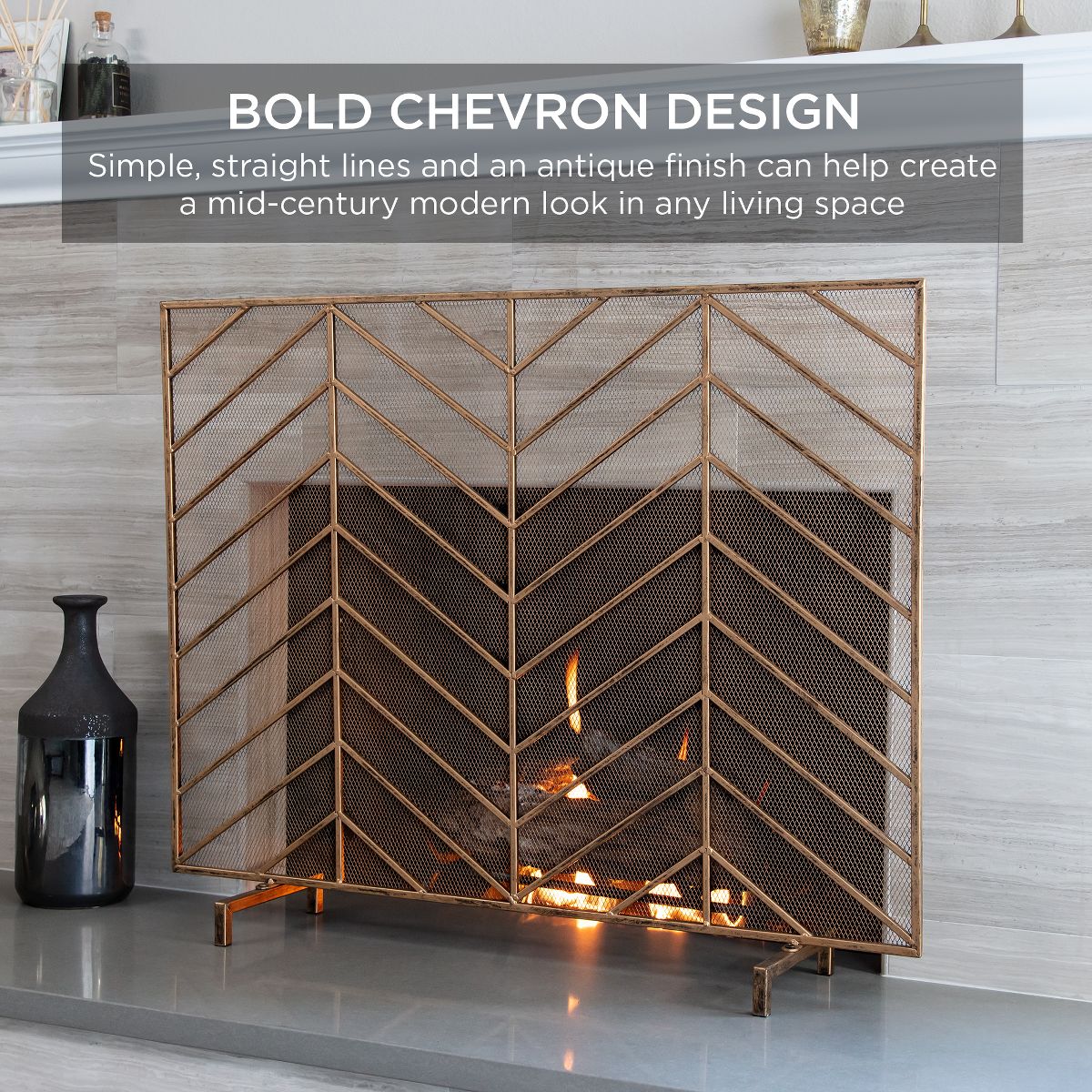 Best Choice Products 38x31in Single Panel Handcrafted Iron Chevron Fireplace Screen w/ Distressed Finish - Satin Black - thumbnail 9
