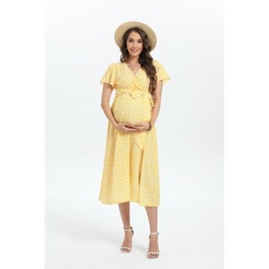 Maternity Dress Floral Wrap Tiered Belted Ruffle Hem Mini Dress - 1 of 3