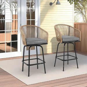 Set of 2 Woven Wicker Swivel Bar Stools, Patio Bar Height Chair for Backyard, Pool, Garden, Deck w/ 360 Rotation, 250lb Capacity, Gray - 1 of 4