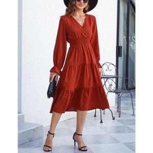 Coolmee Women's Bohemian Dress Casual Long Sleeve V Neck Dress Floral Flowy Maxi Dresses Tiered Cocktail Dress - 1 of 4