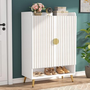Lantine Shoe Cabinet with Doors, 6-Tier Shoe Storage Cabinet with Adjustable Shelves for Entryway, Hallway, Closet, Living Room, White & Gold - 1 of 4