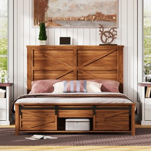 AMERLIFE Farmhouse Size Bed Frame with Sliding Barn Door Storage - 1 of 4