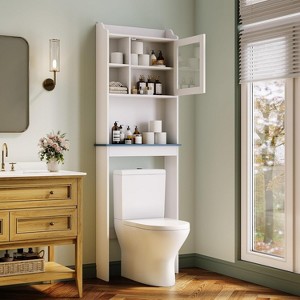 Over The Toilet Storage Cabinet, Bathroom Organizer with Adjustable Shelf & Glass Doors, Anti-Tip, White - 1 of 4