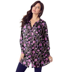Roaman's Women's Plus Size Button Down Y Neck Tunic - 1 of 4